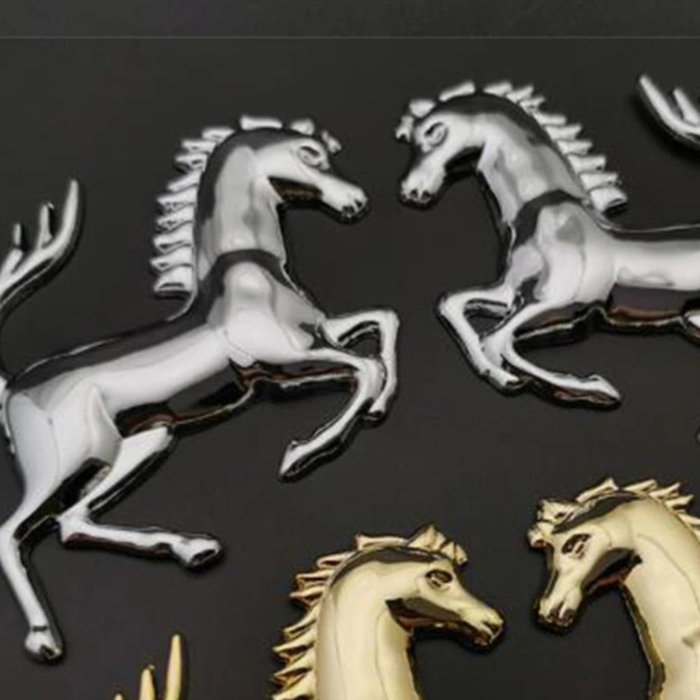 Brand New Silver Pair Two Ferrari’s Prancing Horse Logo Emblems 4.2 In X 2.77"